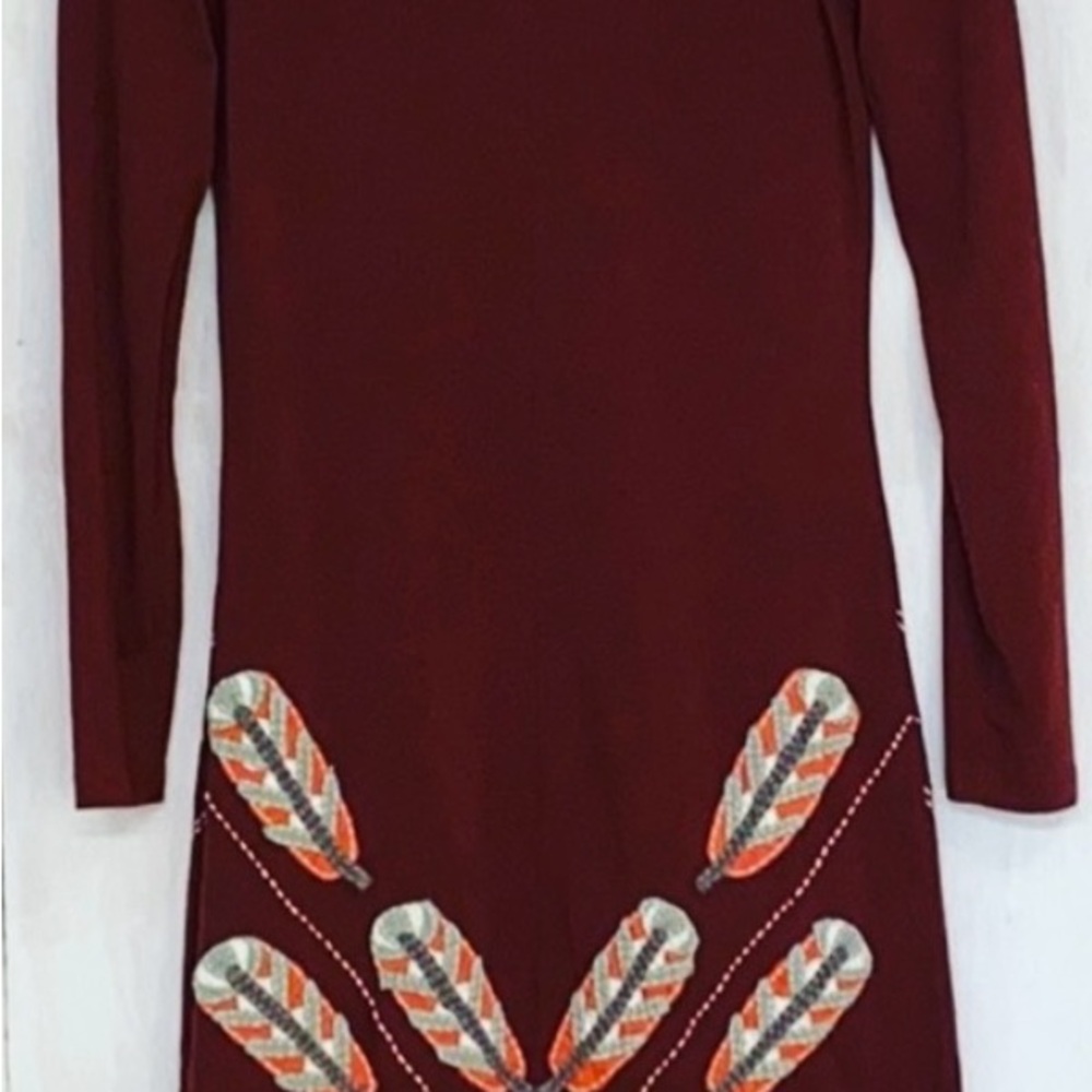 Synergy Organic Maroon Dress with Feather Embroidery Appliqué